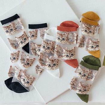 1 pair Cartoon Socks Women Transparent Silk Socks Fashion Student Kawaii Sock Cartoon Cats Short Socks Smmer Short Thin Sock New